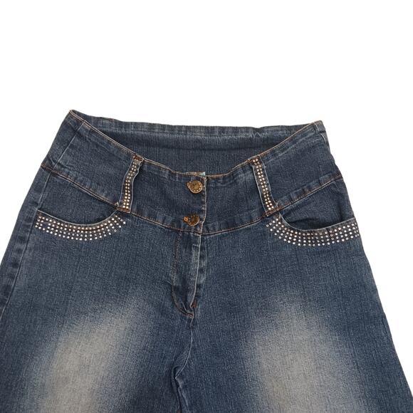 Y2K GAUCHOS Coullotes Jrs Sz XL Denim Stretch Spandex RHINESTONES Sun Fade - Picture 7 of 16
